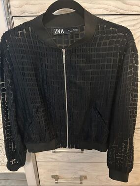 Zara Black Grid-Overlay Bomber Jacket